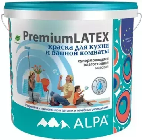 Краска Alpa Premium Latex для кухонь и ванных комнат супермоющаяся влагостойкая белая