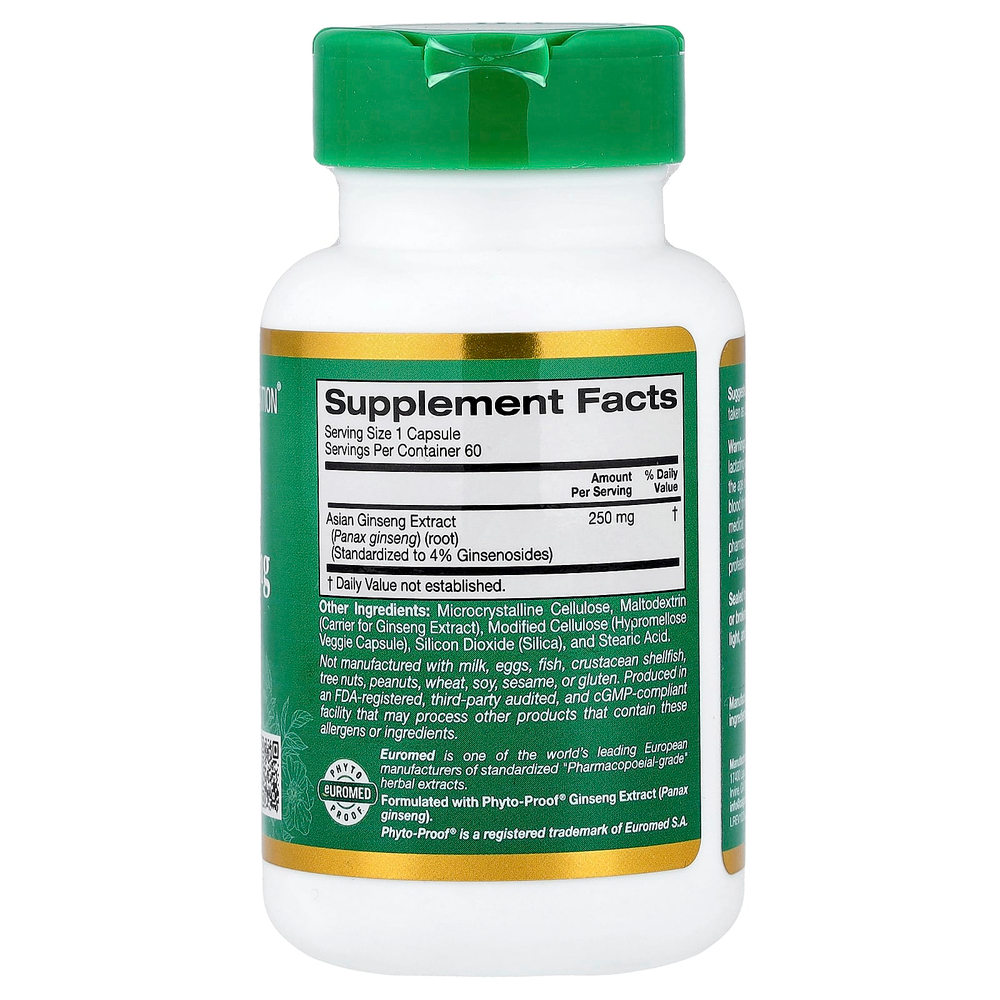California Gold Nutrition, EuroHerbs®, экстракт женьшеня обыкновенного, качество Euromed, 250 мг, 60 растительных капсул