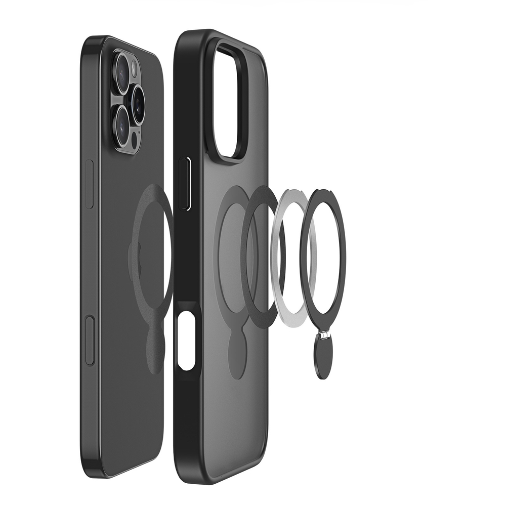 Прозрачный матовый чехол с черными рамками и с поддержкой MagSafe от Dux Ducis для iPhone 16 Pro, серия Yind Series Case (версия с магнитной откидной подставкой)