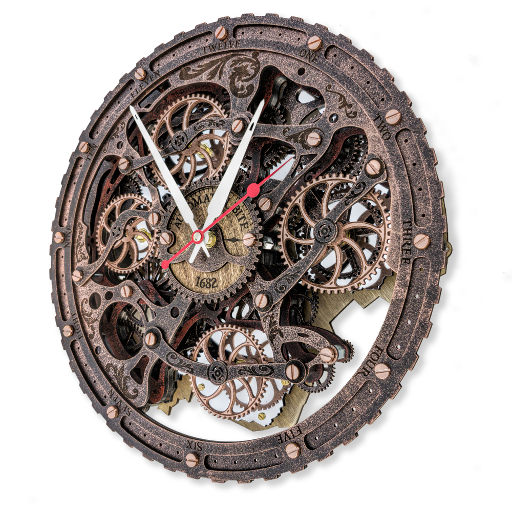 Часы Automaton Bite 1682 Винтажная Медь – стимпанк, 4 шестерёнки | Ручная работа, кинетический дизайн и гравировка