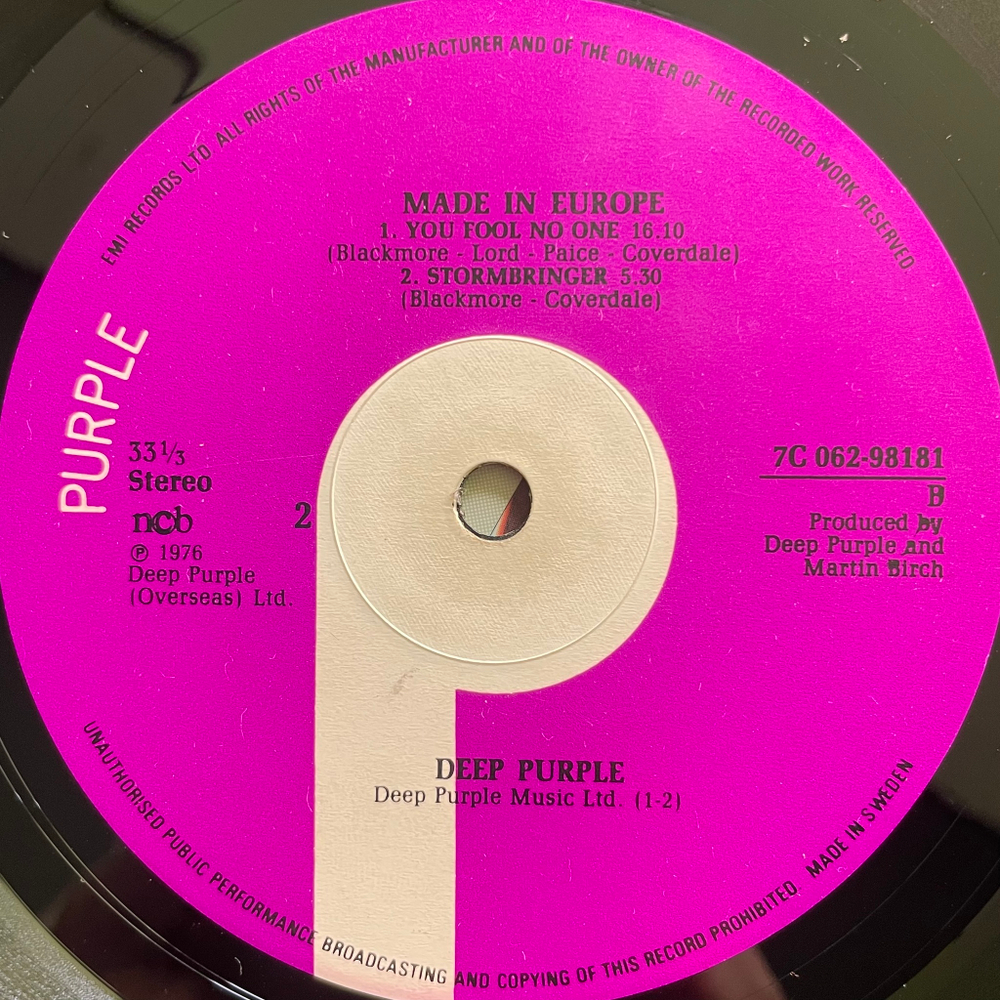 Deep Purple ‎– Made In Europe (Швеция 1976г.)