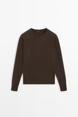 Massimo Dutti Вязаный свитер с круглым вырезом из смесовой шерсти, пестро-коричневый