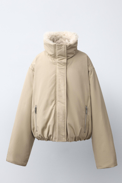 ZARA КУРТКА ИЗ ИСКУССТВЕННОГО МЕХА, ЦВЕТ СЛОНОВОЙ КОСТИ