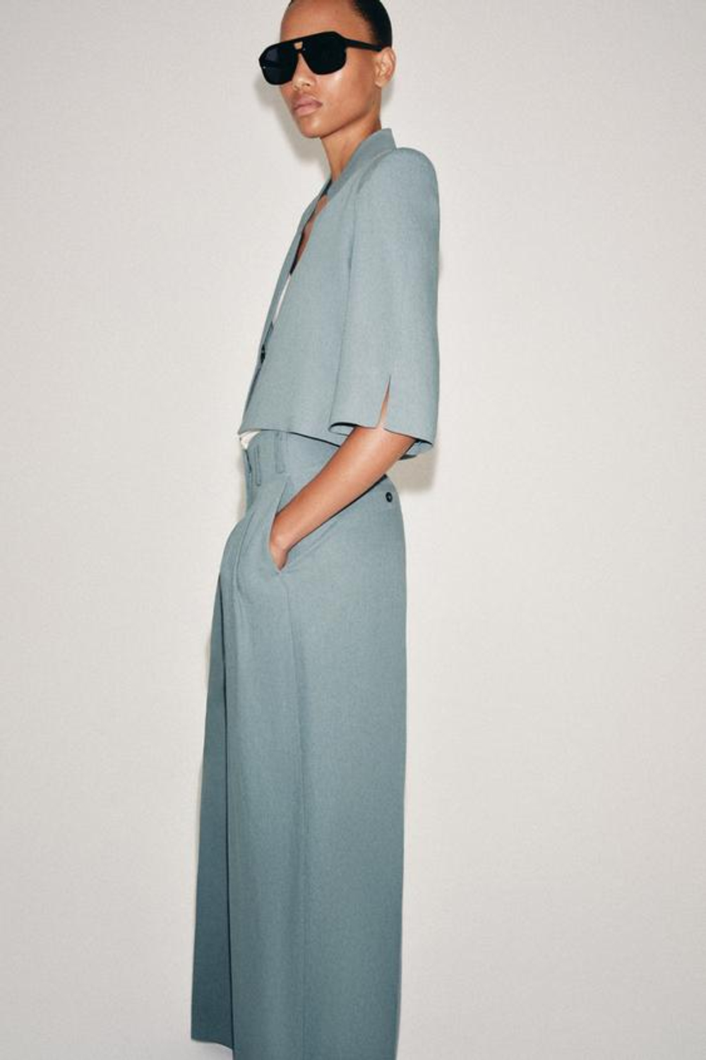 ZARA БРЮКИ С ЗАЩИПАМИ И ЛЬНОМ — ZW COLLECTION, СЕРО-СИНИЙ