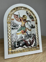 Георгий Победоносец, икона арочная, белое дерево, эмаль 150х200