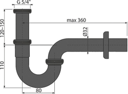 Сифон Alca Plast A4320BLACK для умывальника DN32, U-форма с накидной гайкой 5/4", черный-мат