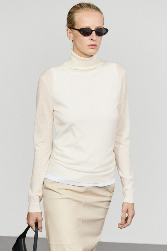 Massimo Dutti Свитер из смесовой шерсти с высоким воротником, натуральный/кремовый
