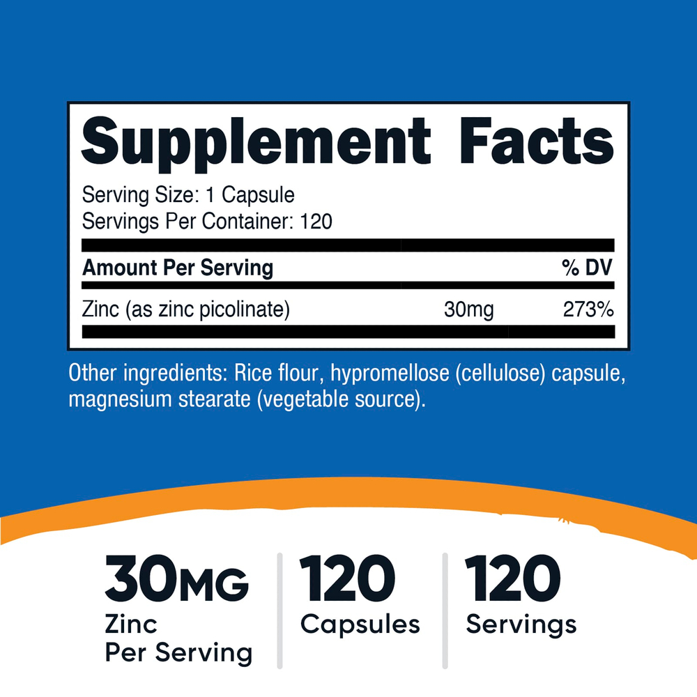 Nutricost, пиколинат цинка, 30 мг, 120 капсул