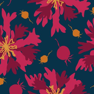 Яркие осенние цветы и ягоды на тёмно-синем фоне. Bright autumnal flowers and berries on dark blue background