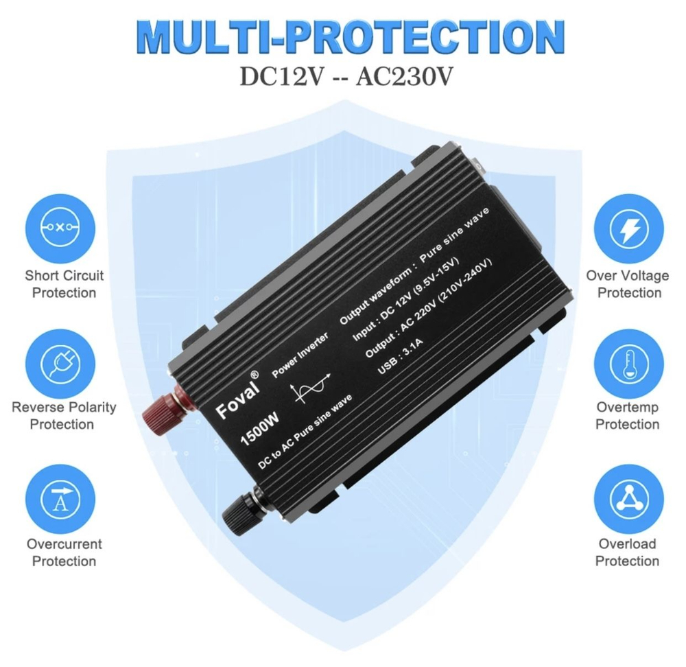 Инвертор 12V-220V 1500W черный Foval чистый синус