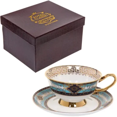 Чайная пара «Royal classic» (кружка 200мл+блюдце) Синий греческий узор, в подарочной коробке
