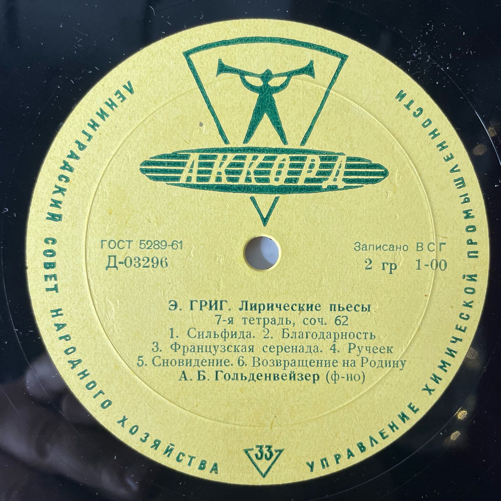 Винтажная виниловая пластинка LP Э. Григ, А. Гольденвейзер, Лирические Пьесы: 7-я Тетрадь, 8-я Тетрадь (СССР 1961)