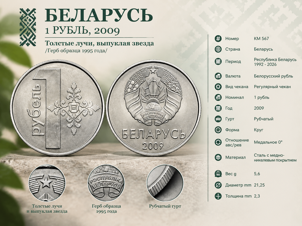 Беларусь 1 рубль, 2009 Толстые лучи, выпуклая звезда /Герб образца 1995/ XF