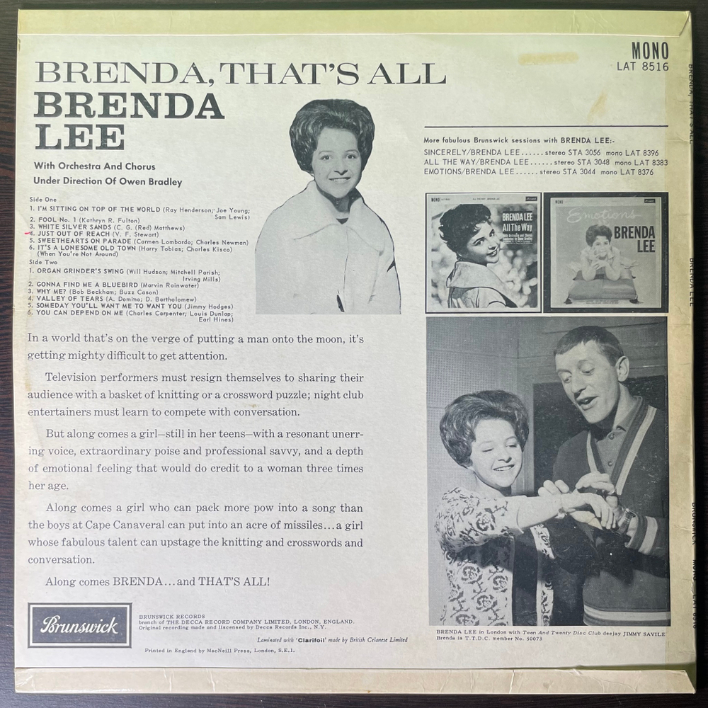 Brenda Lee ‎– Brenda, That's All (Англия 1962г.)