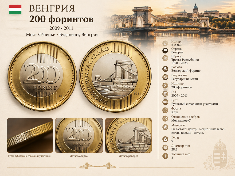 Венгрия 200 форинтов, 2011 Мост Сеченьи XF