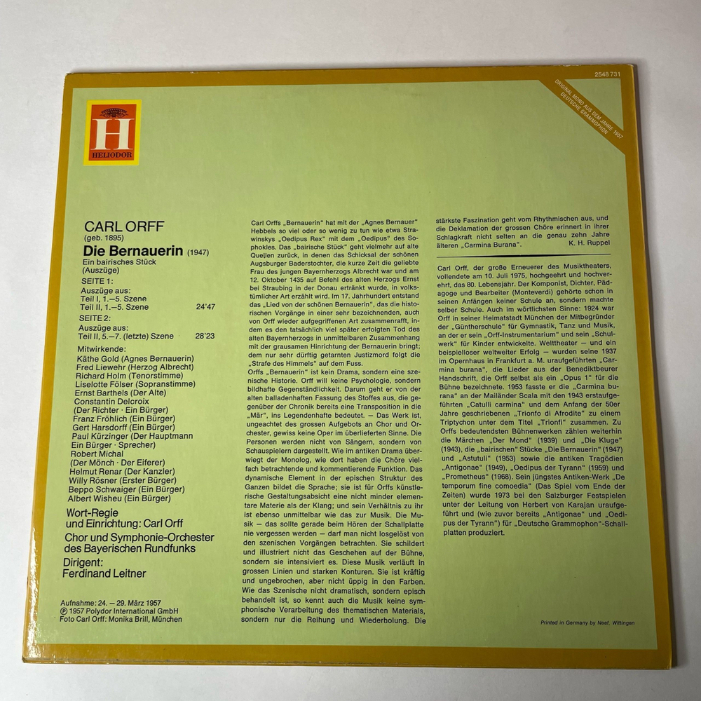 Винтажная виниловая пластинка LP Carl Orff Die Bernauerin (Auszuge) (Германия 1975)