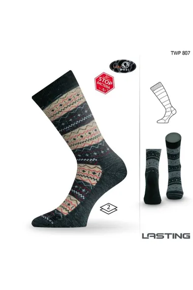 Носки Lasting TWP 807, wool+polypropylene, черный с коричневым рисунком