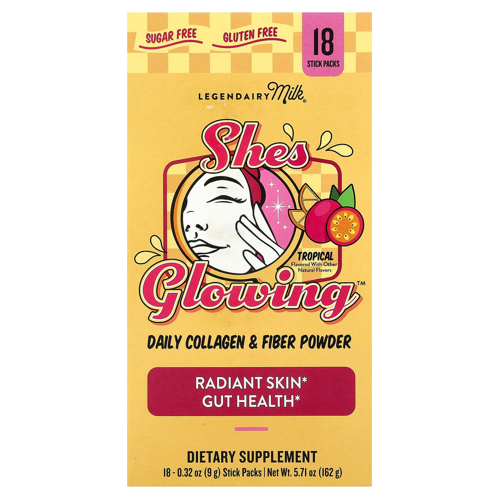 Legendairy Milk, She's Glowing™, ежедневный коллаген и клетчатка в порошке, со вкусом тропических фруктов, 18 стик-пакетов по 9 г (0,32 унции)