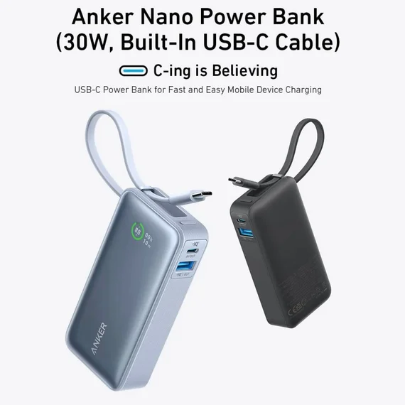 Внешний аккумулятор Anker Nano Power Bank 10000 mAh A1259 черный (30W Built-In USB Cable)