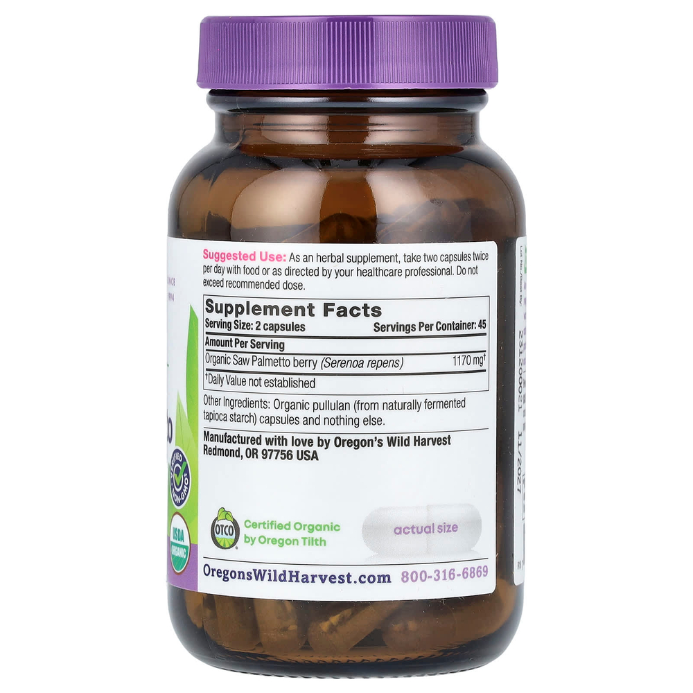 Oregon's Wild Harvest, Organic Saw Palmetto, 90 органических веганских капсул (585 мг на капсулу)