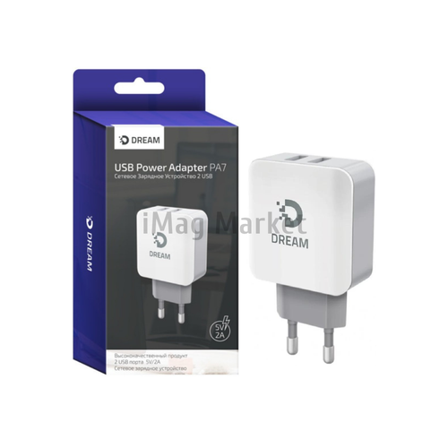 Сетевое зарядное устройство Dream PA7, 2 USB-A, 10W, 2A, бело-серый + кабель Type-C, 1 м, черный