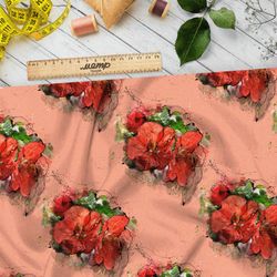 Ткань интерлок красные цветы на оранжевом фоне