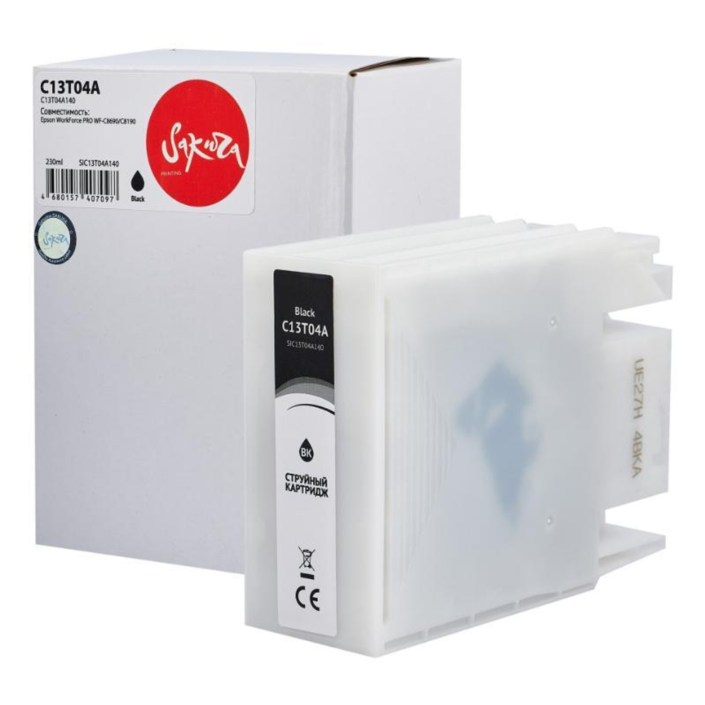 Картридж Sakura, аналог Epson C13T04A140 (C13T04A BK) для WorkForce PRO WF-C8690/C8190, черный, 230 мл., 11500 к.