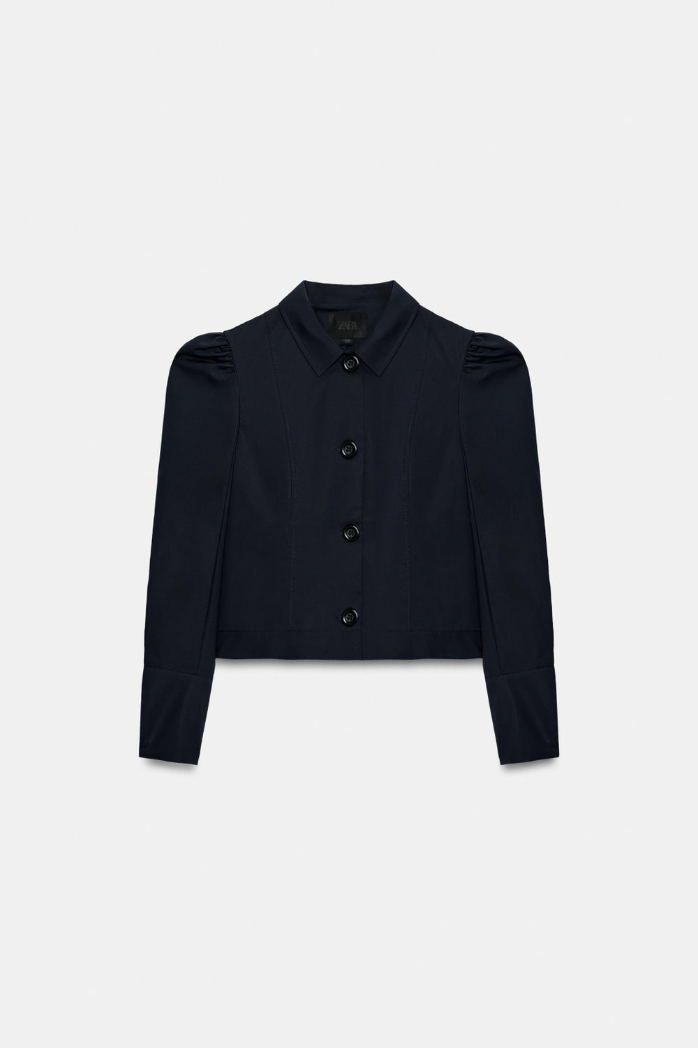 ZARA УКОРОЧЕННЫЙ БЛЕЙЗЕР СО СБОРКАМИ НА ПЛЕЧАХ, СИНИЙ