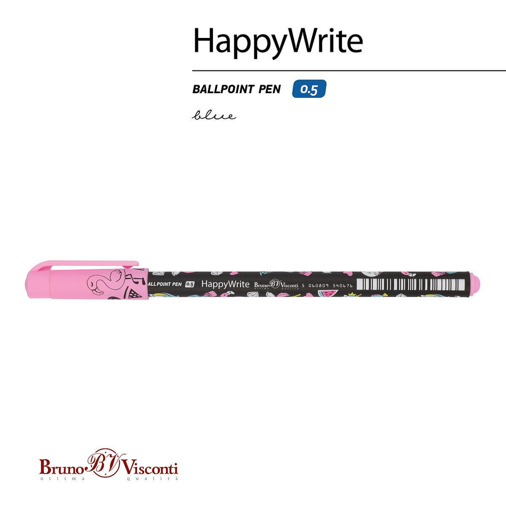 Ручка шариковая 0.5 мм, синяя "HappyWrite. Единорожки микс" (Bruno Visconti)
