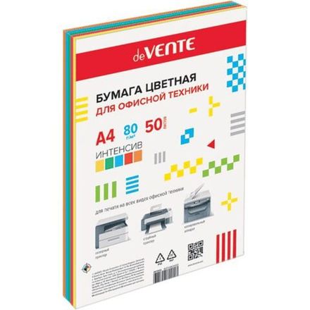 Бумага цветная mix 5цв, 50л, А4, 80г/м2, deVente Интенсив, пакет, 1