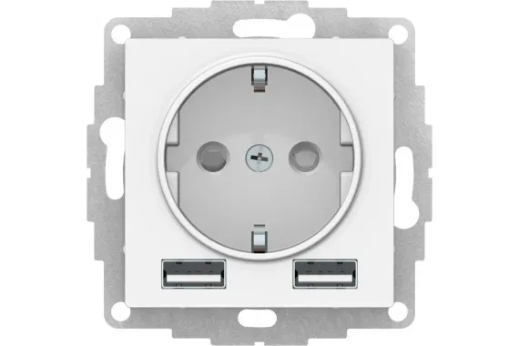 Розетка Systeme Electric ATLASDESIGN с заземлением со шторкой + 2 USB 2400мА белая 34573