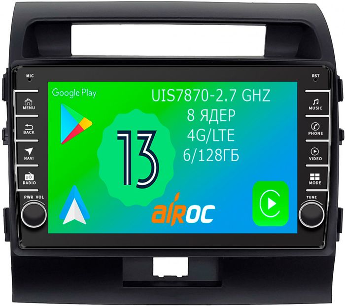 Магнитола для Toyota Land Cruiser 200 2007-2015 (экран климата внизу) - Airoc AB-1111 (кнопки и крутилки), Android 13, Быстрая, SIM-слот, CarPlay