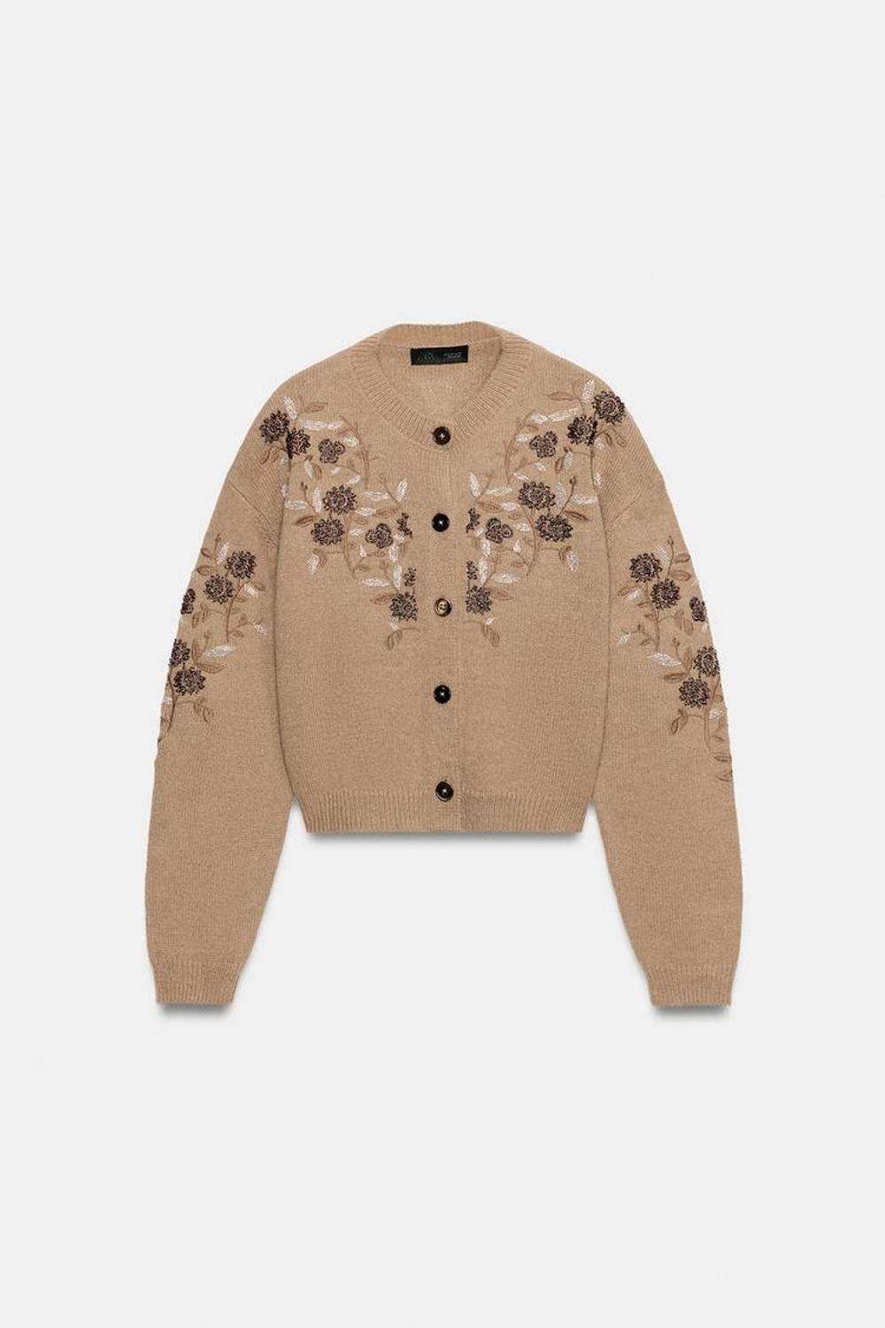 ZARA ТРИКОТАЖНЫЙ КАРДИГАН С ВЫШИВКОЙ И БУСИНАМИ, РЫЖЕВАТО-КОРИЧНЕВЫЙ