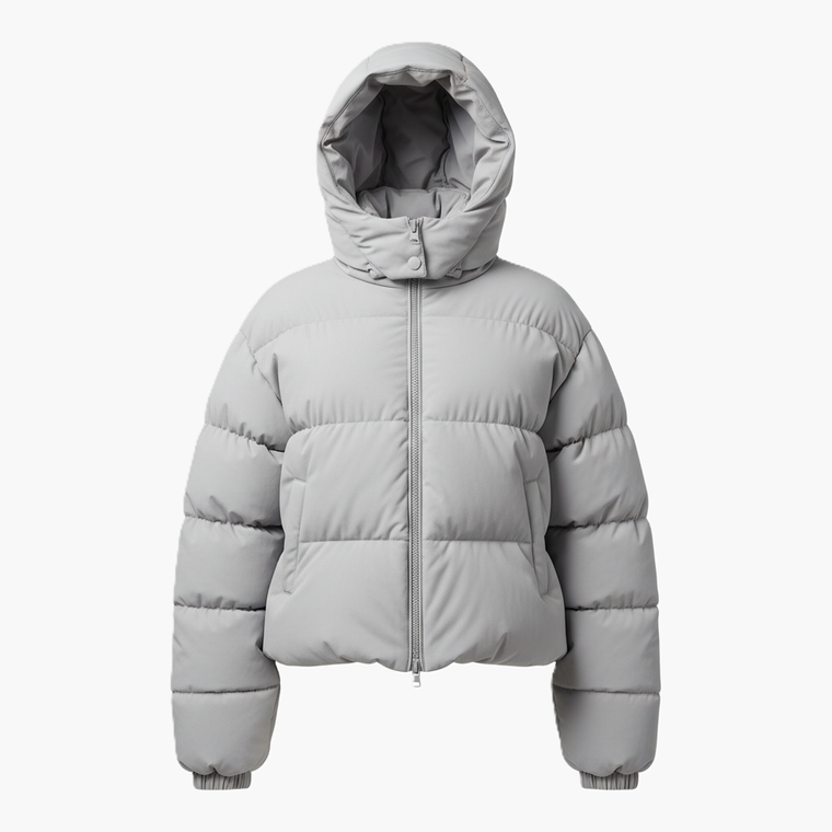 Укороченный пуховик с капюшоном (Серый)