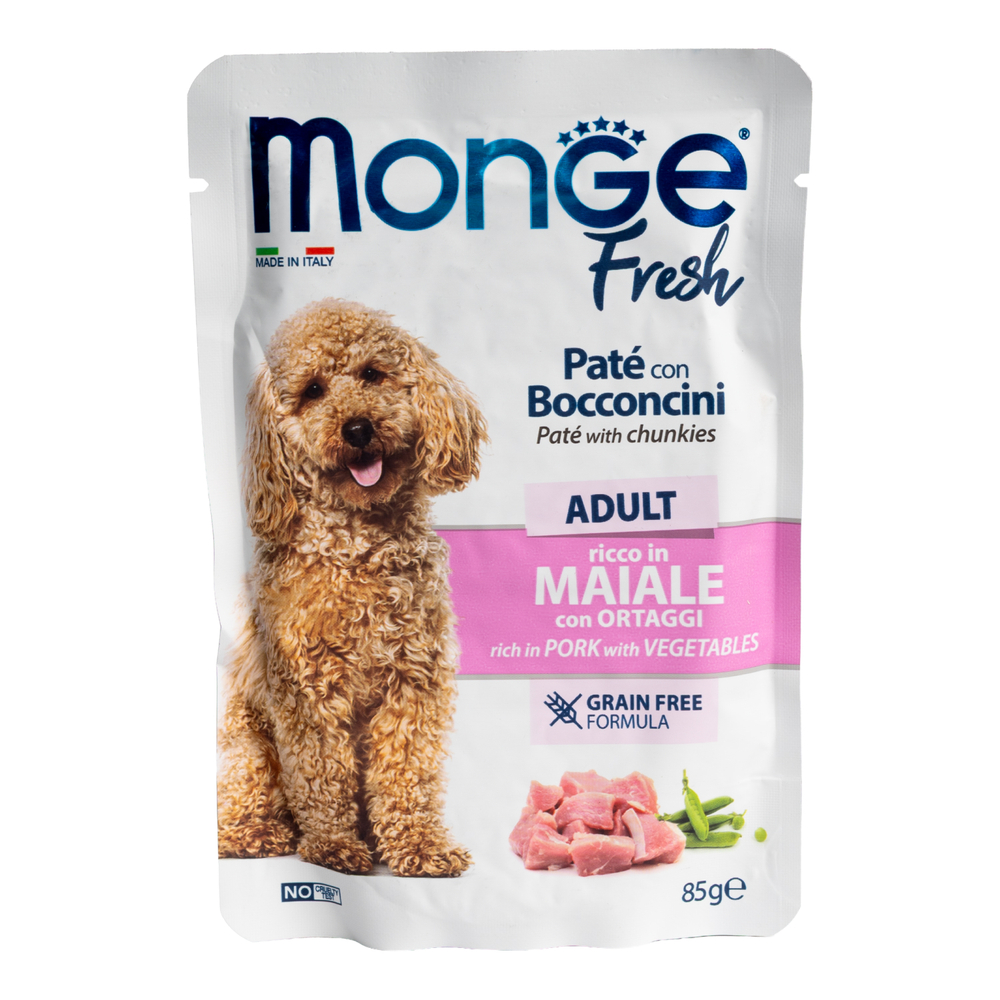 Влажный корм Monge Dog Fresh для взрослых собак паштет с кусочками свинины и овощами паучи 85 г