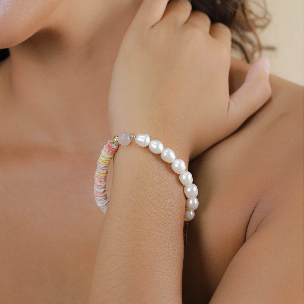Браслет Nature Bijoux, Spiaggia Rosa, стрейч, с жемчугом, розовым кварцем и морскими ракушками, NB26