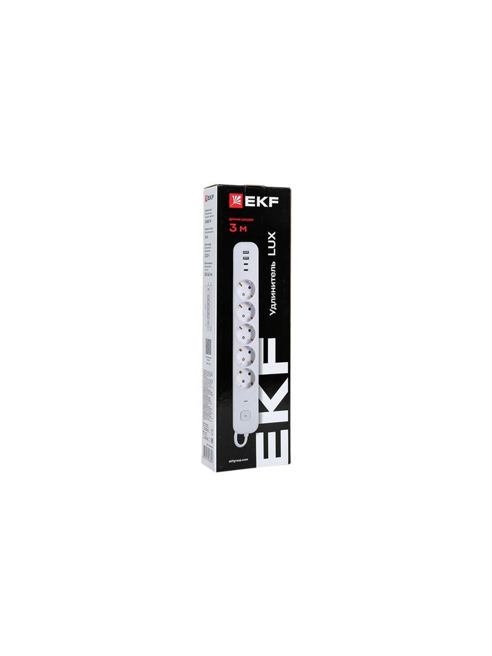 Удлинитель 5х3м IP20 2USB 2.4А+2type-C LUX 1.5кв.мм EKF UBA-LUX-503-TC