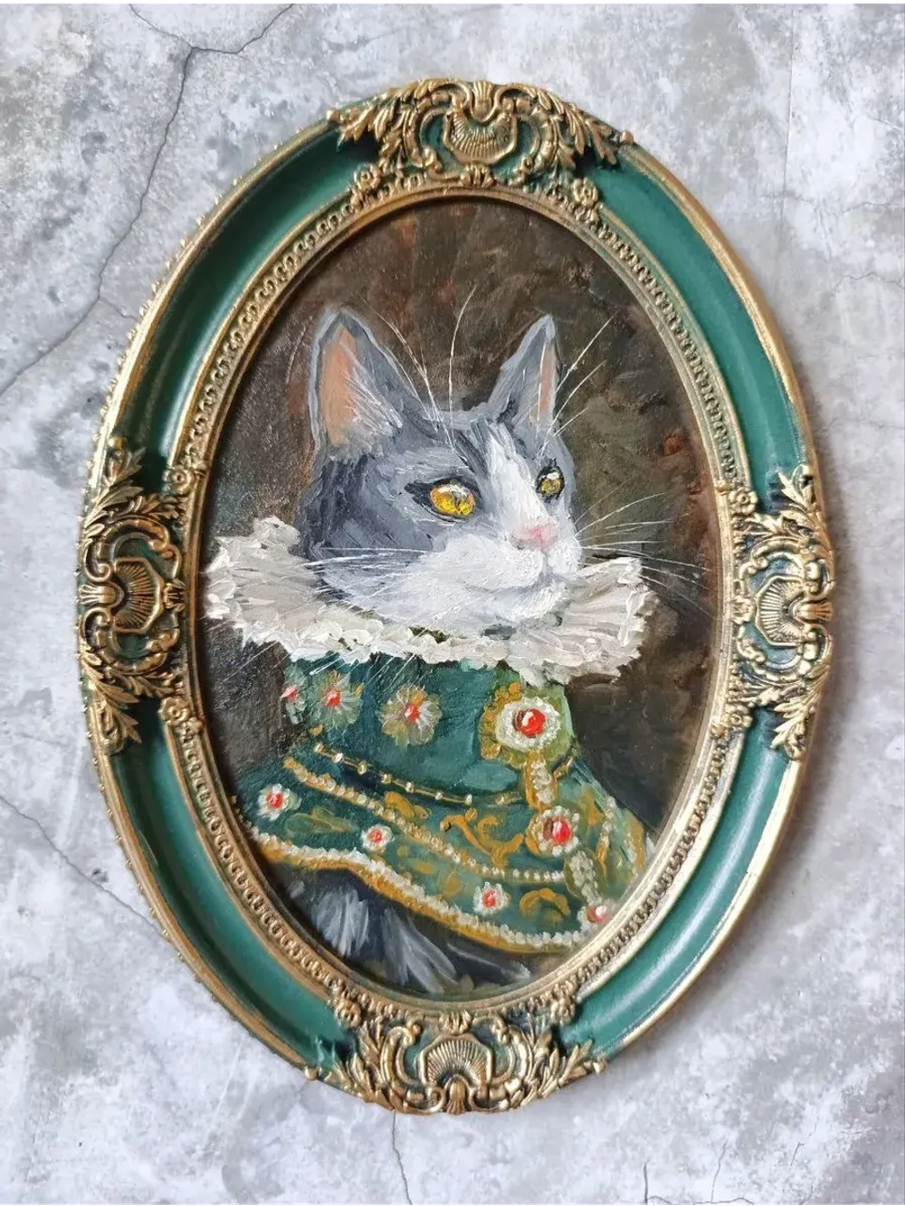 Картина маслом в овальной рамке Кот