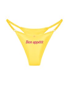 трусы стринги шелковые с надписью Bon appetit желтые
