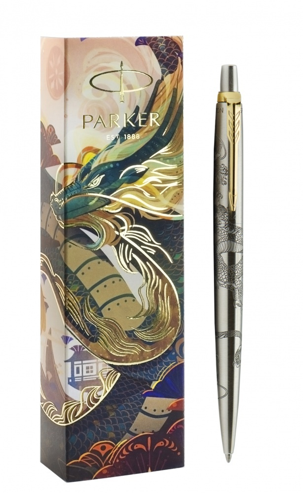Шариковая ручка Parker Jotter Dragon Special Edition, цвет: St. Steel GT, стержень: Mblue в подарочной коробке