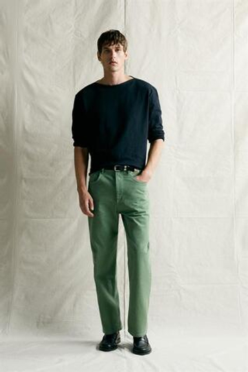 ZARA ДЖИНСЫ RELAXED FIT С ЭФФЕКТОМ СТИРКИ, МЯГКИЙ ЗЕЛЕНЫЙ