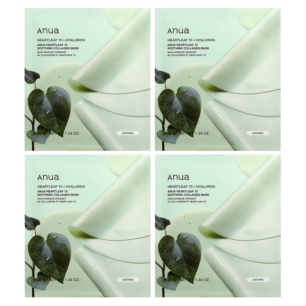 Anua, Heartleaf 70, успокаивающая маска с коллагеном, 4 шт. по 38 г (1,34 унции)