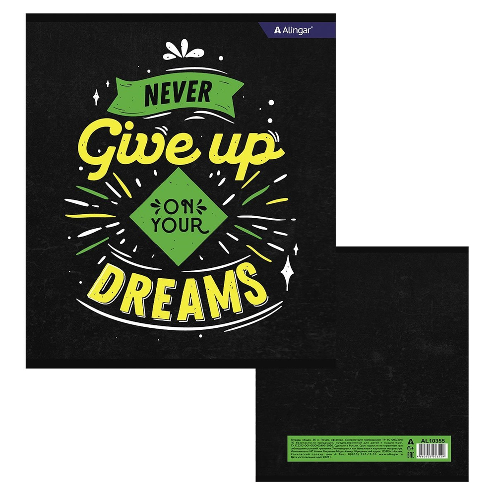 Тетрадь 36л., А5, клетка, Alingar "Never give up", скрепка, мелованный картон (стандарт) , блок офсет, 4 дизайна в пленке т/у