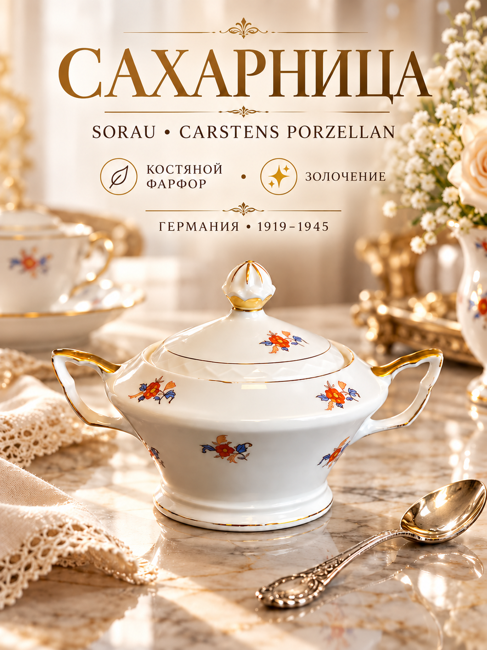 Сахарница из тонкого костяного фарфора мануфактура "Sorau" Carstens Porzellan с цветочным декором, золочение, винтаж Германия 1919-1945 гг