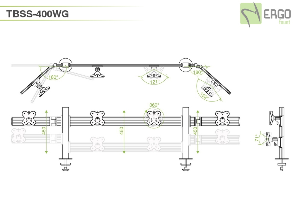 ErgoFount TBSS-400WG Настольное крепление для 4 мониторов диагональю до 24'' конфигурации 1х4 со струбциной к столу типа "G". Цвет - серебристый