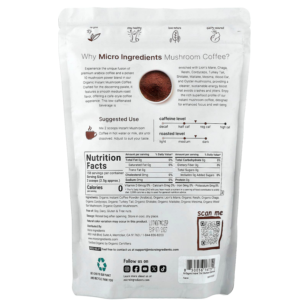 Micro Ingredients, органический грибной кофе, арабика, растворимый, 396 г (14 унций)