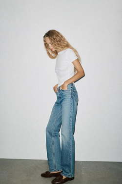 ZARA ДЖИНСЫ TRF ПРЯМОГО КРОЯ С ВЫСОКОЙ ПОСАДКОЙ, СИНИЙ