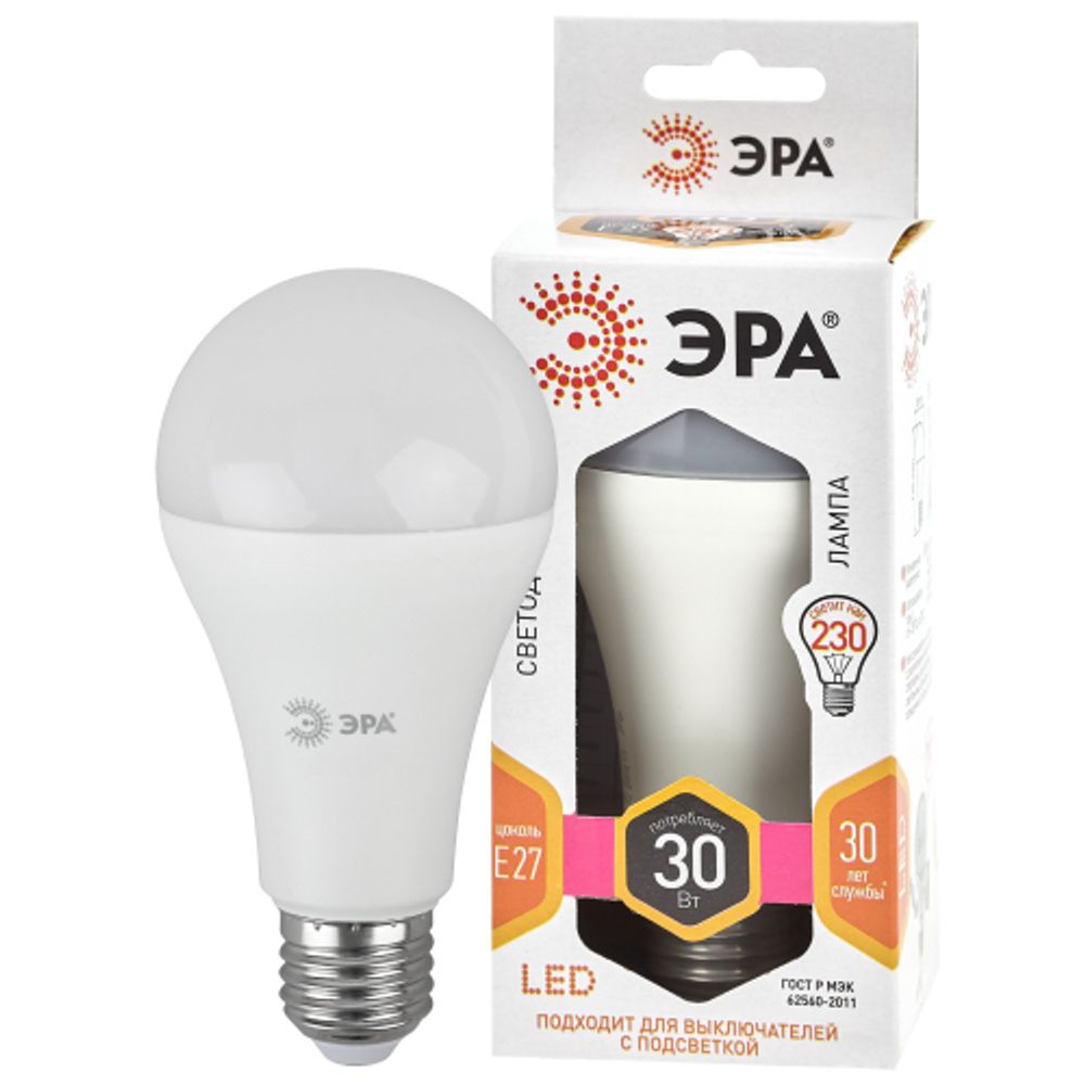 Лампа светодиодная ЭРА STD LED A65-30W-827-E27 30Вт груша теплый белый свет Е27 | Лампы cветодиодные Груша (A)