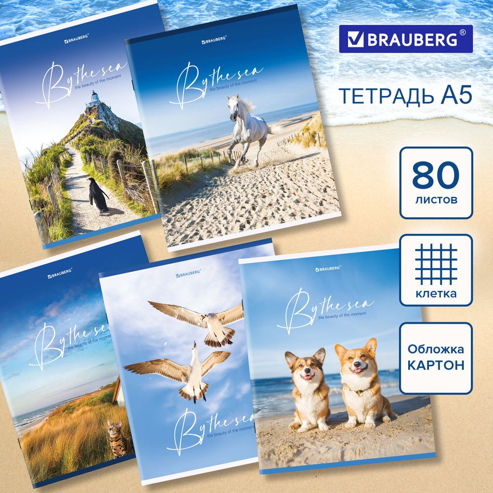 Тетрадь А5, 80 л., BRAUBERG, скоба, клетка, обложка картон, "By the Sea", 404410, 5шт