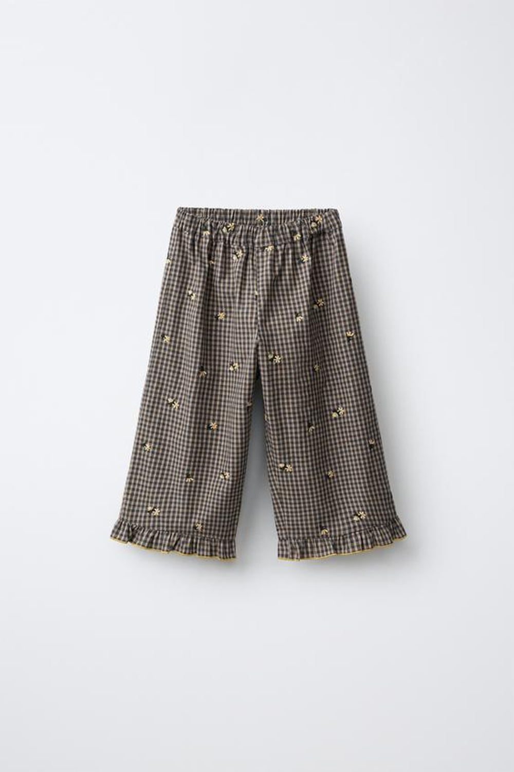 ZARA БРЮКИ-КЮЛОТЫ В КЛЕТКУ ВИШИ С ЦВЕТОЧНОЙ ВЫШИВКОЙ, СЕРЫЙ